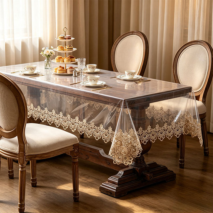 Best-selling soft, transparent tablecloth with lace trim.