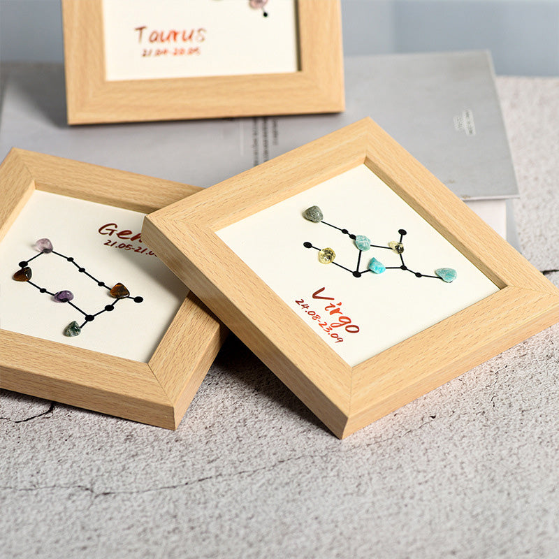 Zodiac Sign Raw Stone and Wooden Frame Display Stand