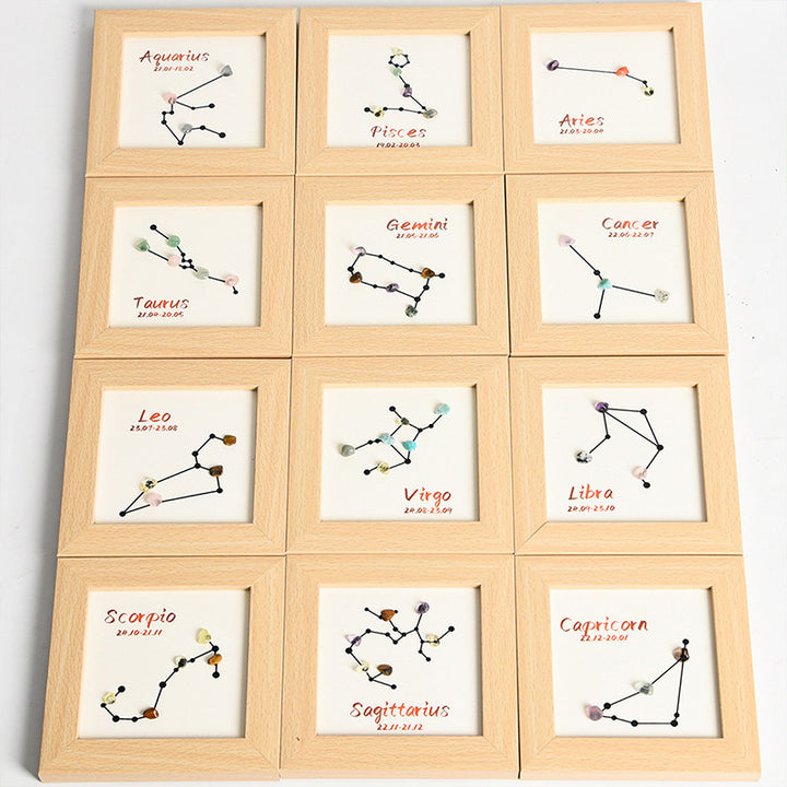 Zodiac Sign Raw Stone and Wooden Frame Display Stand