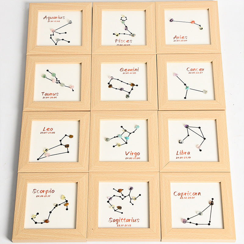 Zodiac Sign Raw Stone and Wooden Frame Display Stand