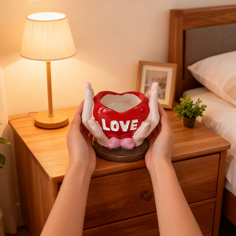 "Love" — Holding a Heart-Shaped Candle Holder