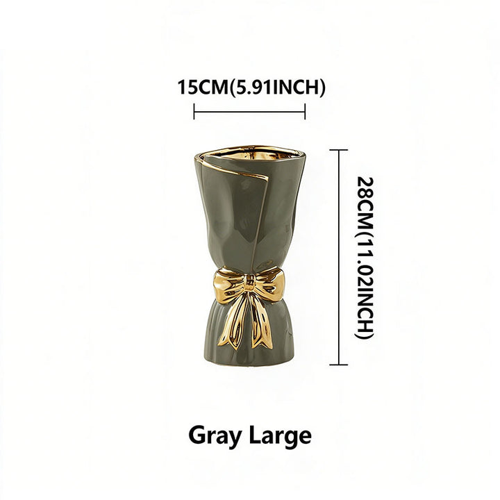 Nordic Minimalist Ceramic Vase with Gold-Rimmed Bow