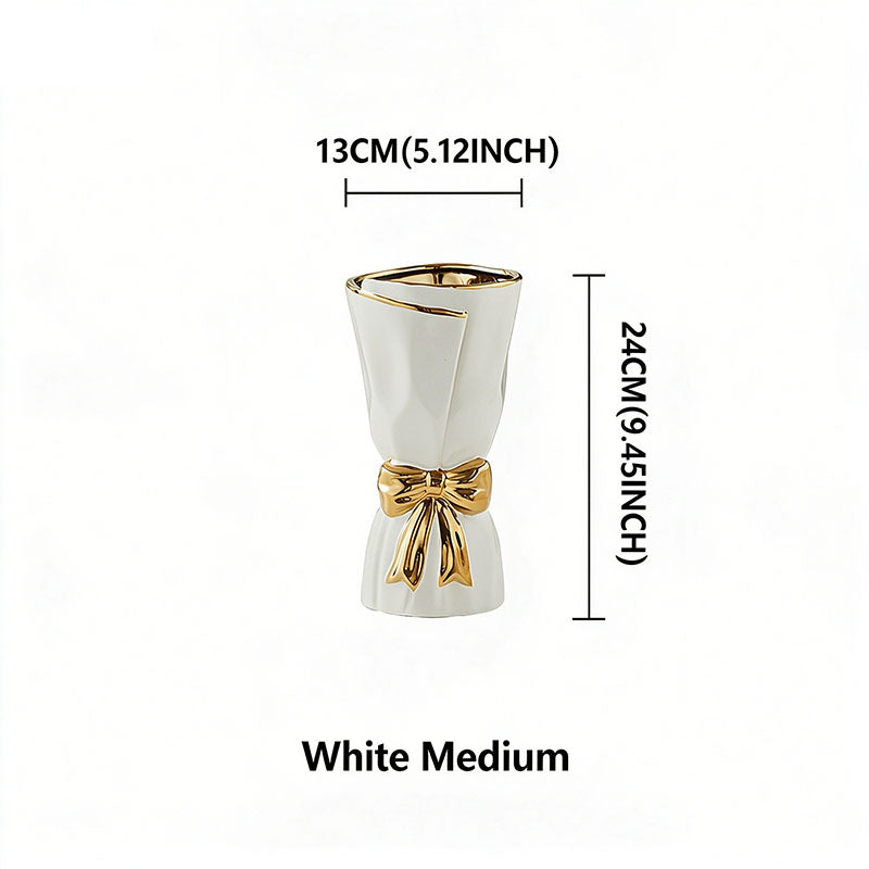 Nordic Minimalist Ceramic Vase with Gold-Rimmed Bow