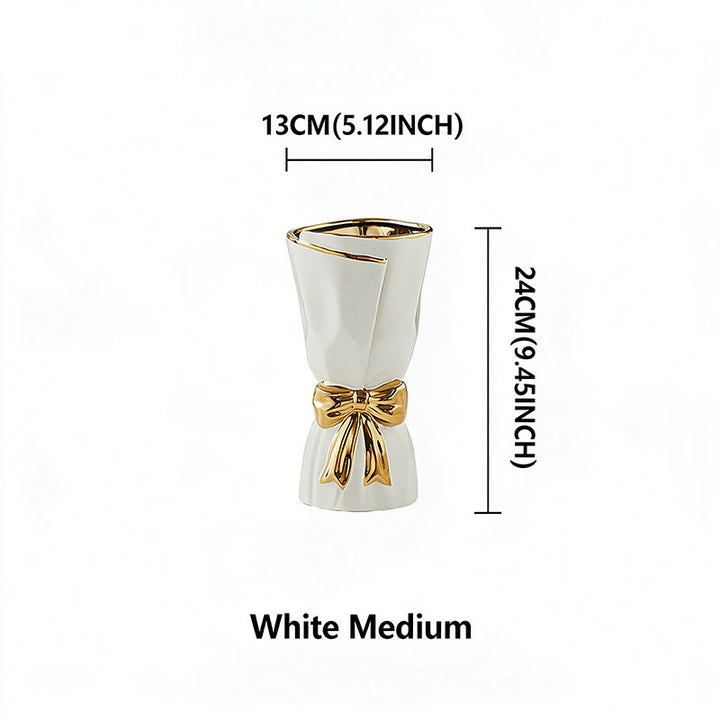 Nordic Minimalist Ceramic Vase with Gold-Rimmed Bow