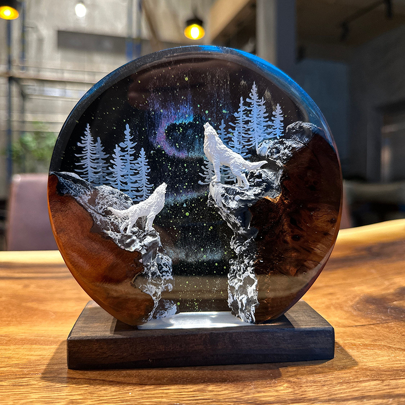 Aurora Borealis, Winter Forest, and Snow Wolf Resin Lamp