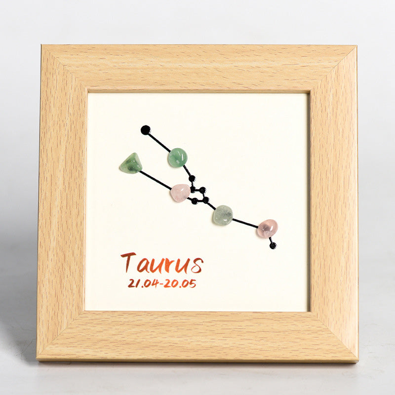 Zodiac Sign Raw Stone and Wooden Frame Display Stand