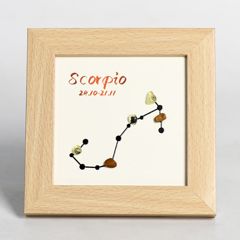 Zodiac Sign Raw Stone and Wooden Frame Display Stand