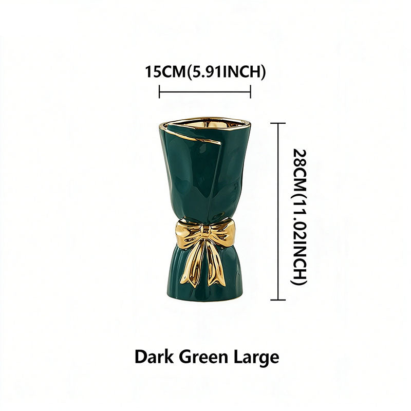 Nordic Minimalist Ceramic Vase with Gold-Rimmed Bow