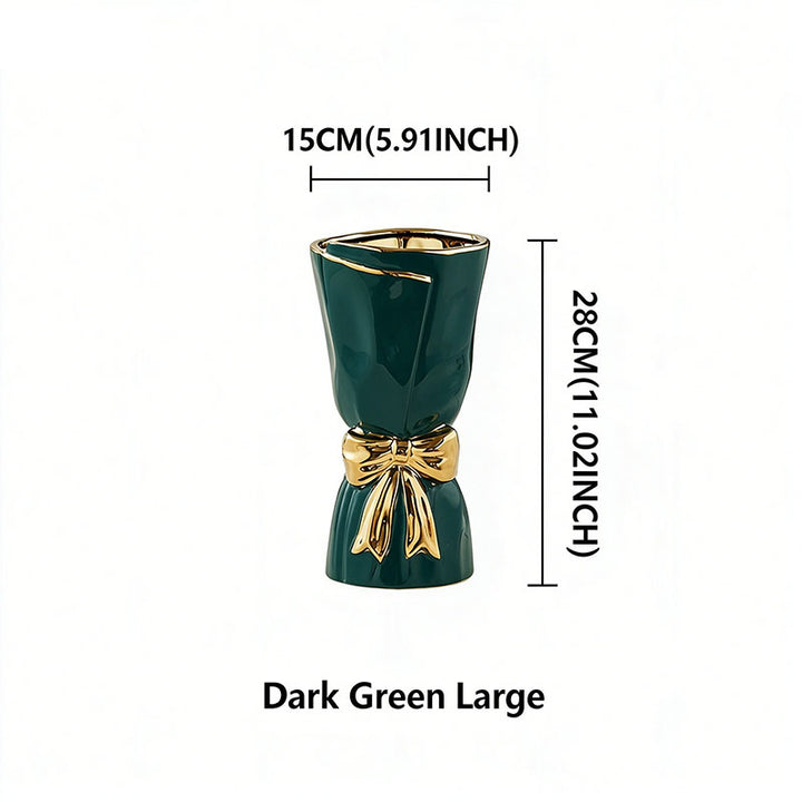 Nordic Minimalist Ceramic Vase with Gold-Rimmed Bow