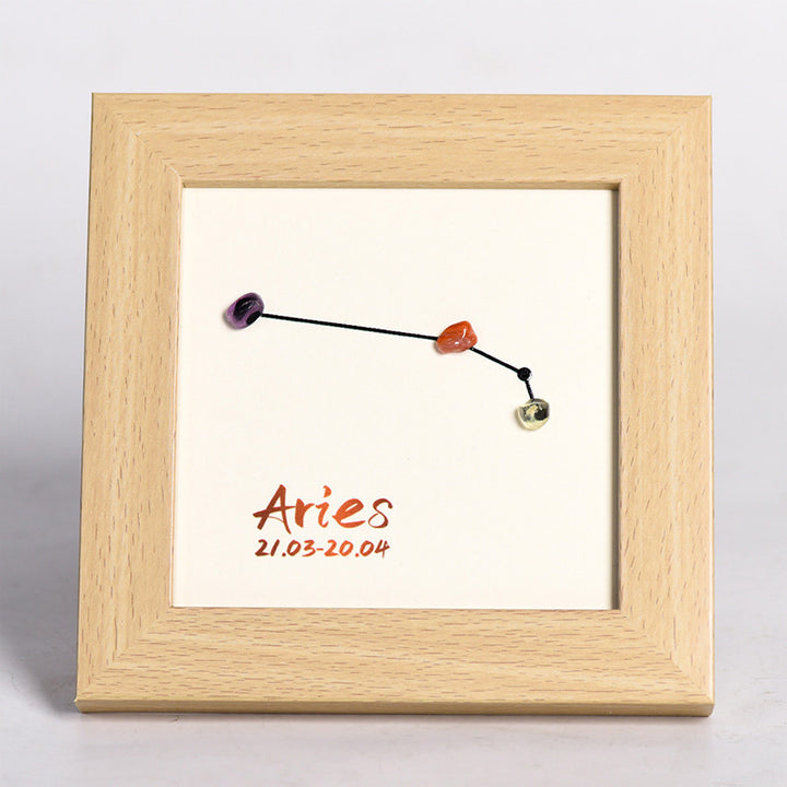 Zodiac Sign Raw Stone and Wooden Frame Display Stand