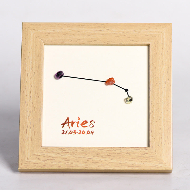 Zodiac Sign Raw Stone and Wooden Frame Display Stand