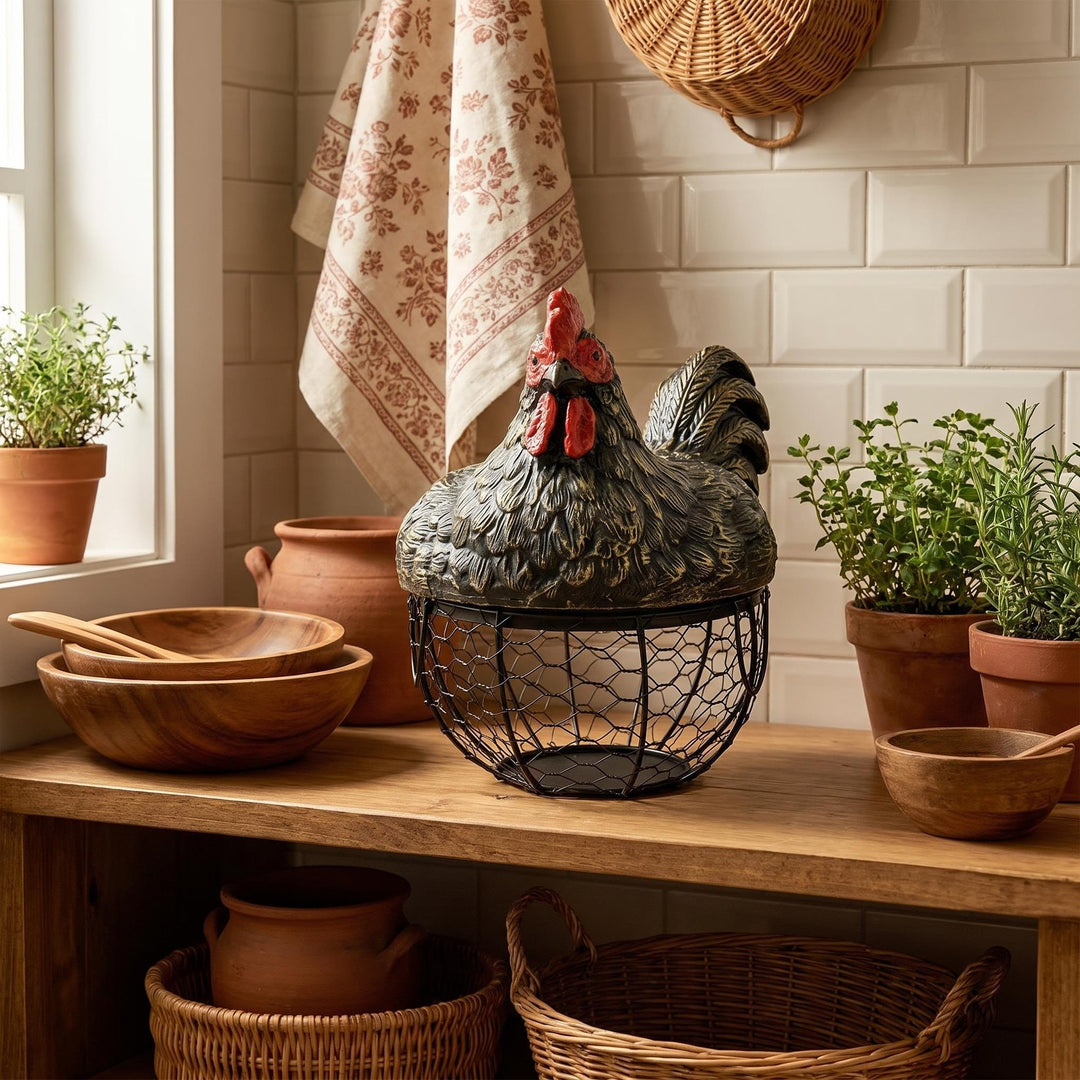 Hen-shaped wire basket for eggs and fruit