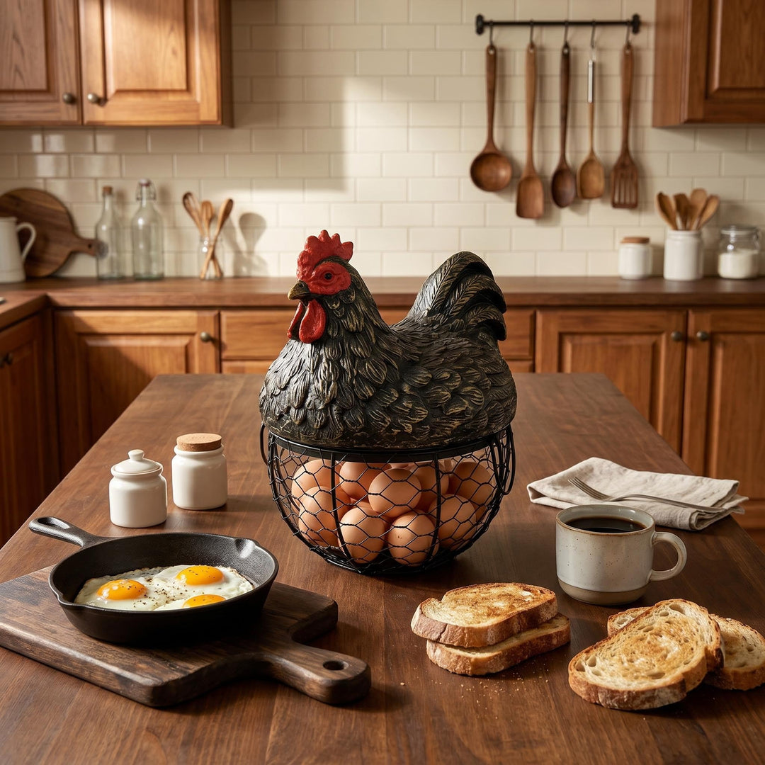 Hen-shaped wire basket for eggs and fruit