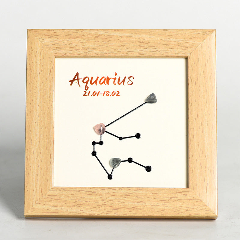 Zodiac Sign Raw Stone and Wooden Frame Display Stand