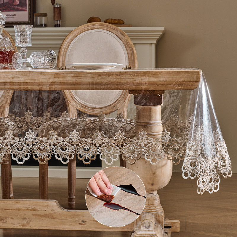 Best-selling soft, transparent tablecloth with lace trim.