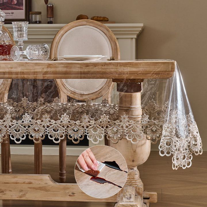 Best-selling soft, transparent tablecloth with lace trim.