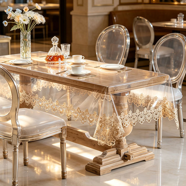 Best-selling soft, transparent tablecloth with lace trim.