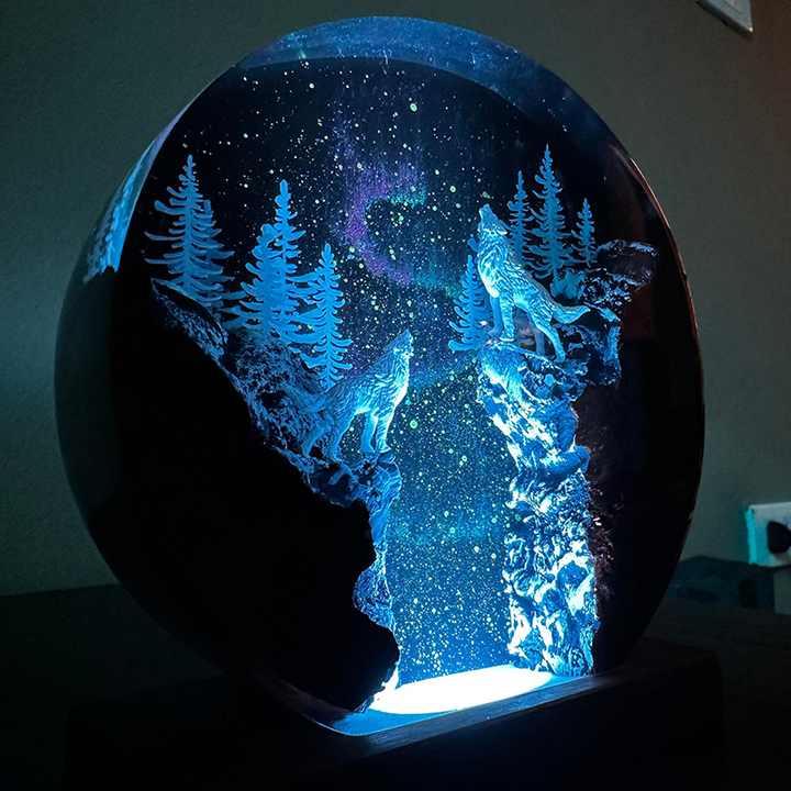 Aurora Borealis, Winter Forest, and Snow Wolf Resin Lamp