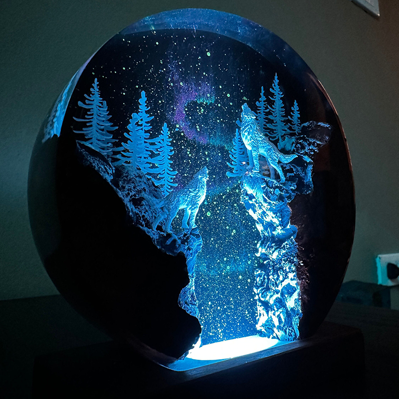 Aurora Borealis, Winter Forest, and Snow Wolf Resin Lamp
