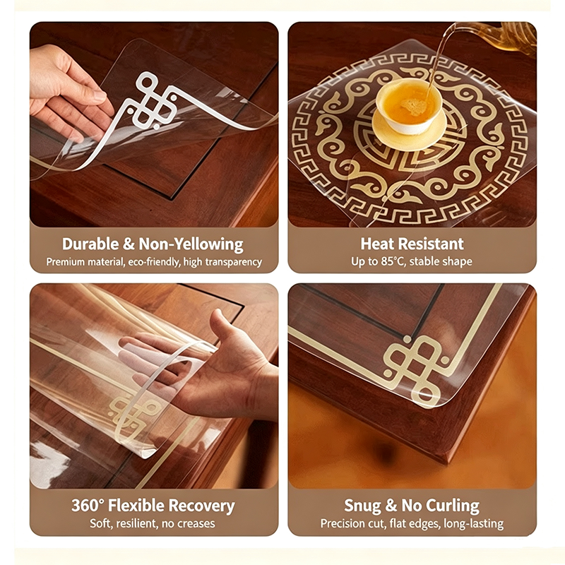 All-new "soft glass" transparent tablecloth—understated luxury.