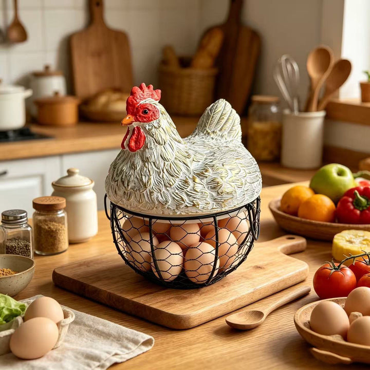 Hen-shaped wire basket for eggs and fruit