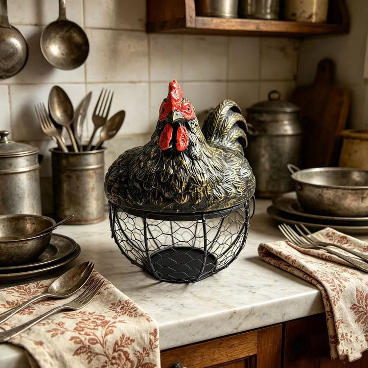 Hen-shaped wire basket for eggs and fruit