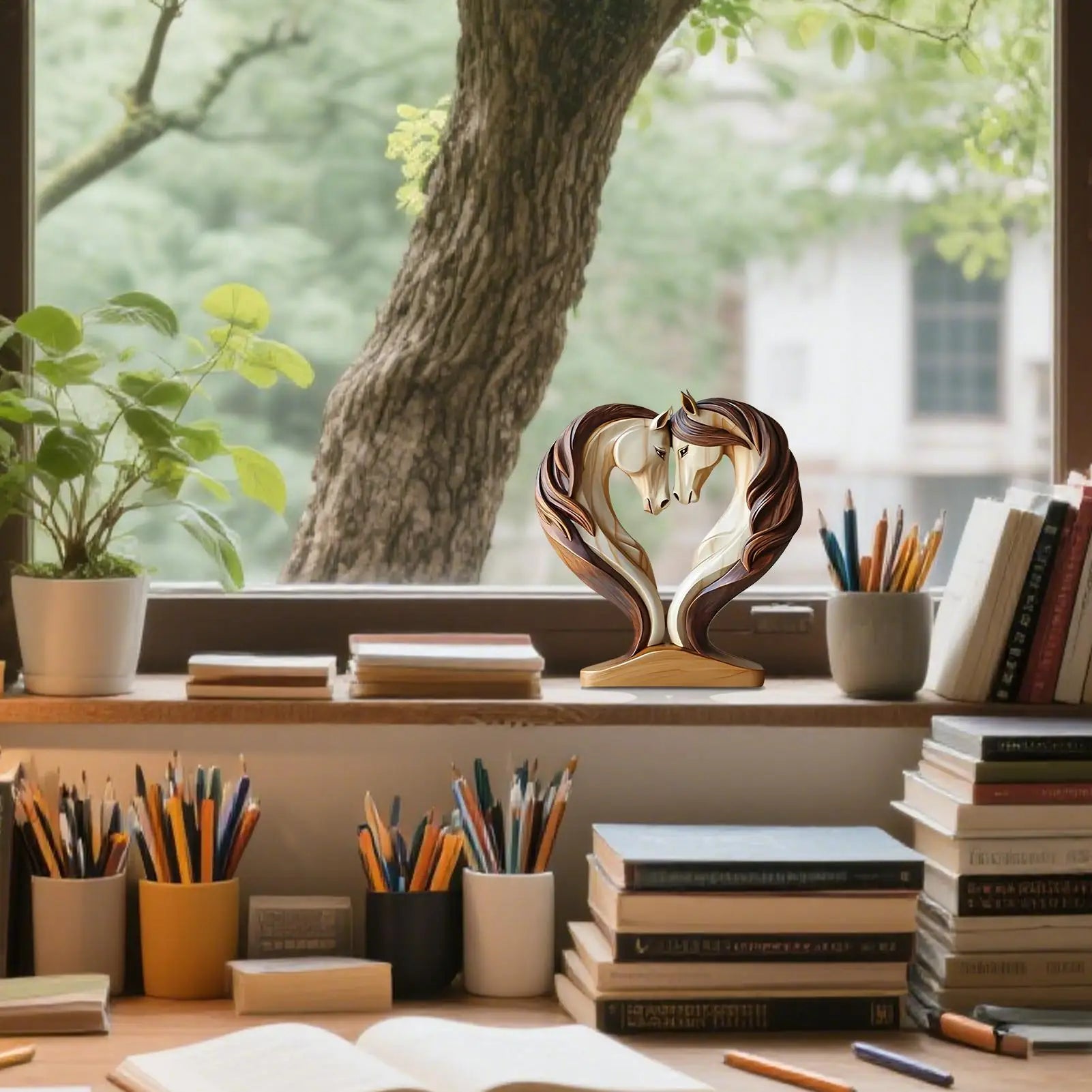 The Embrace - Two Horse Silhouette in Natural Wood