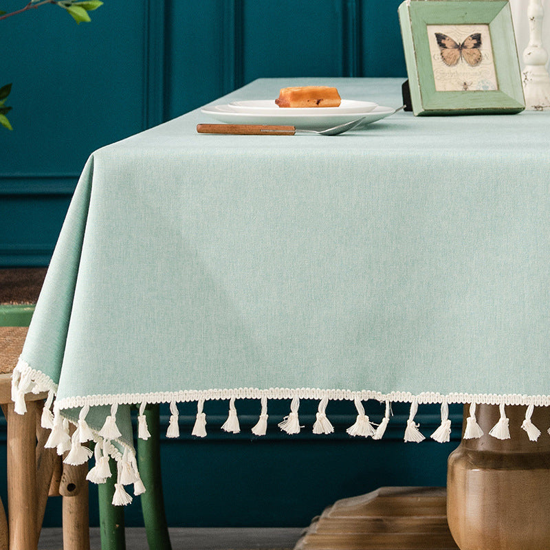 Waterproof and Oil-Resistant Solid-Color Checkered Cotton-Linen Tablecloth with Tassels