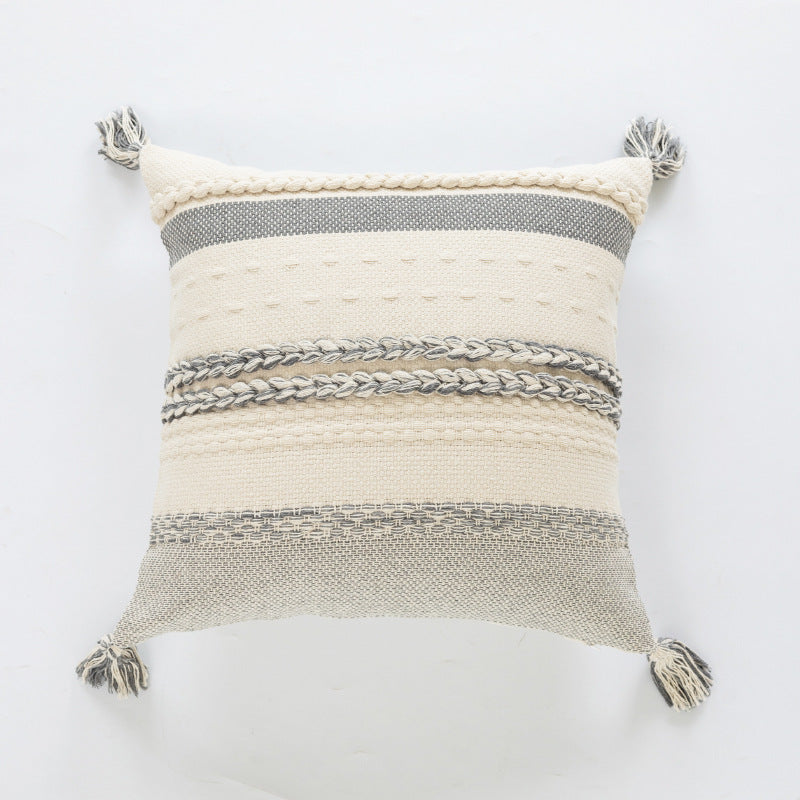 Woven Striped Tassel Throw Pillow (Cream Tones)