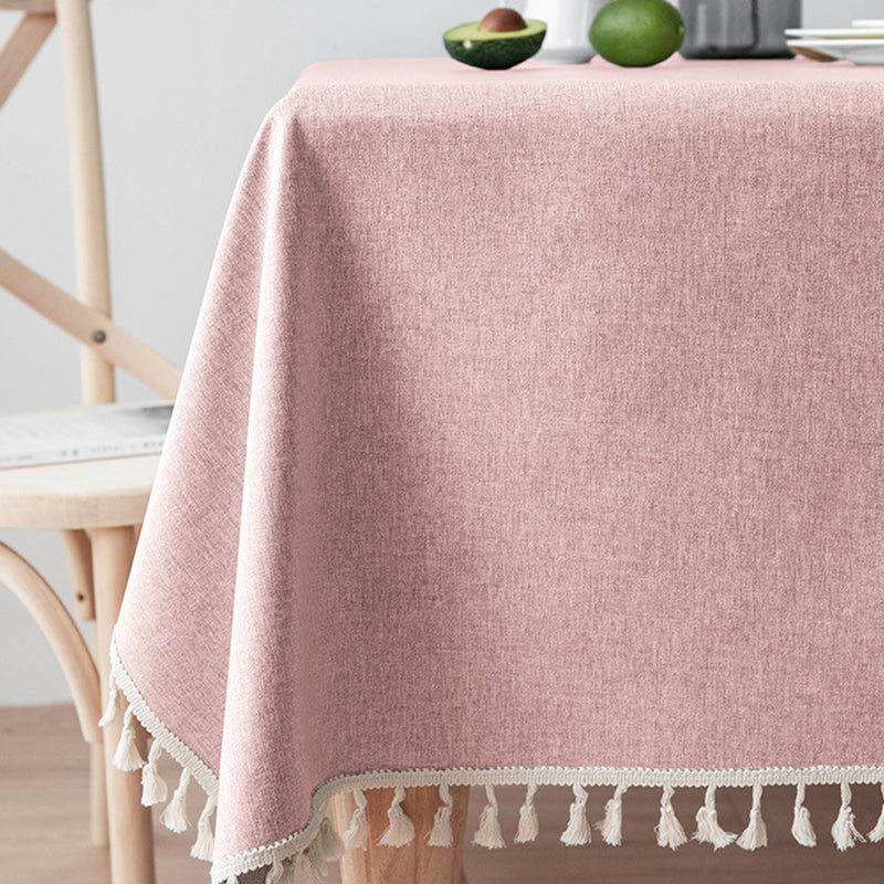 Waterproof and Oil-Resistant Solid-Color Checkered Cotton-Linen Tablecloth with Tassels