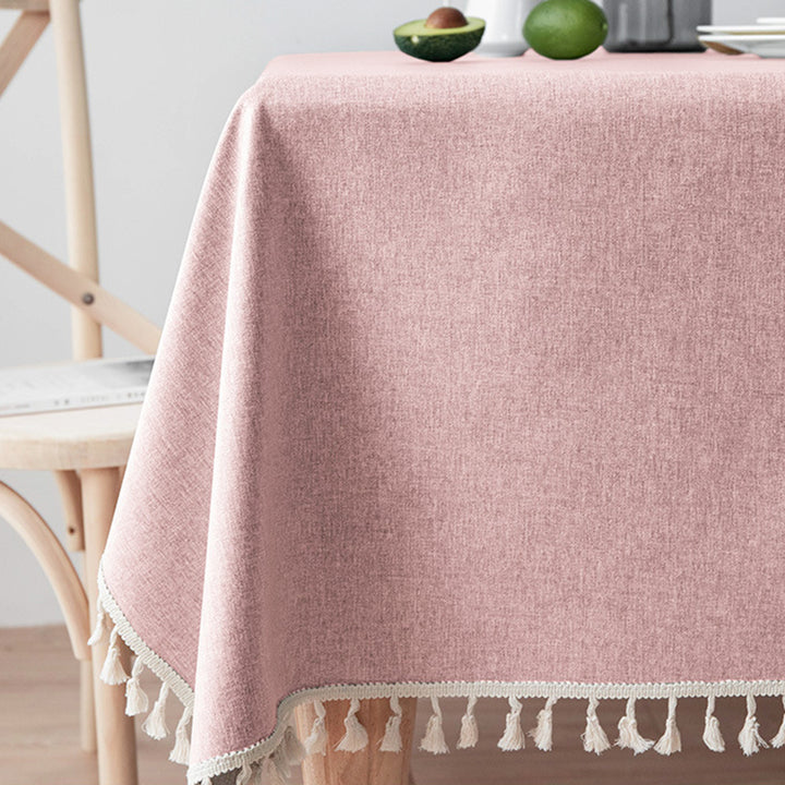 Waterproof and Oil-Resistant Solid-Color Checkered Cotton-Linen Tablecloth with Tassels