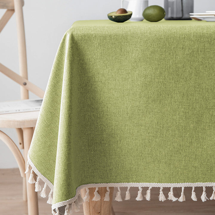 Waterproof and Oil-Resistant Solid-Color Checkered Cotton-Linen Tablecloth with Tassels