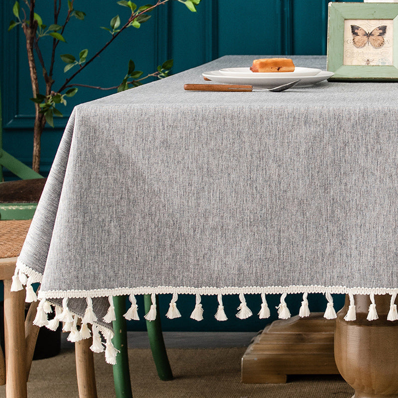 Waterproof and Oil-Resistant Solid-Color Checkered Cotton-Linen Tablecloth with Tassels