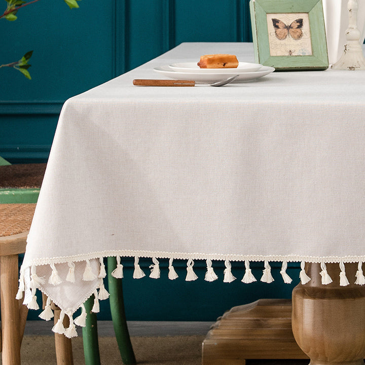 Waterproof and Oil-Resistant Solid-Color Checkered Cotton-Linen Tablecloth with Tassels