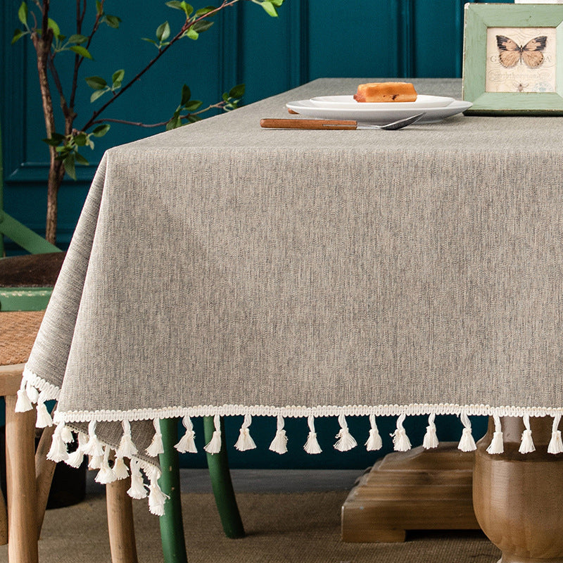 Waterproof and Oil-Resistant Solid-Color Checkered Cotton-Linen Tablecloth with Tassels