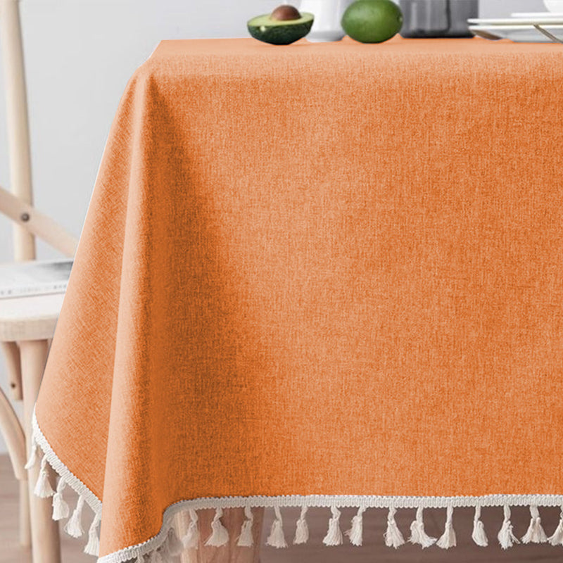Waterproof and Oil-Resistant Solid-Color Checkered Cotton-Linen Tablecloth with Tassels