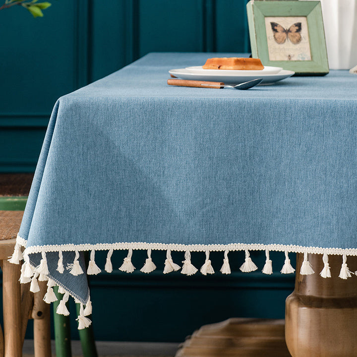Waterproof and Oil-Resistant Solid-Color Checkered Cotton-Linen Tablecloth with Tassels