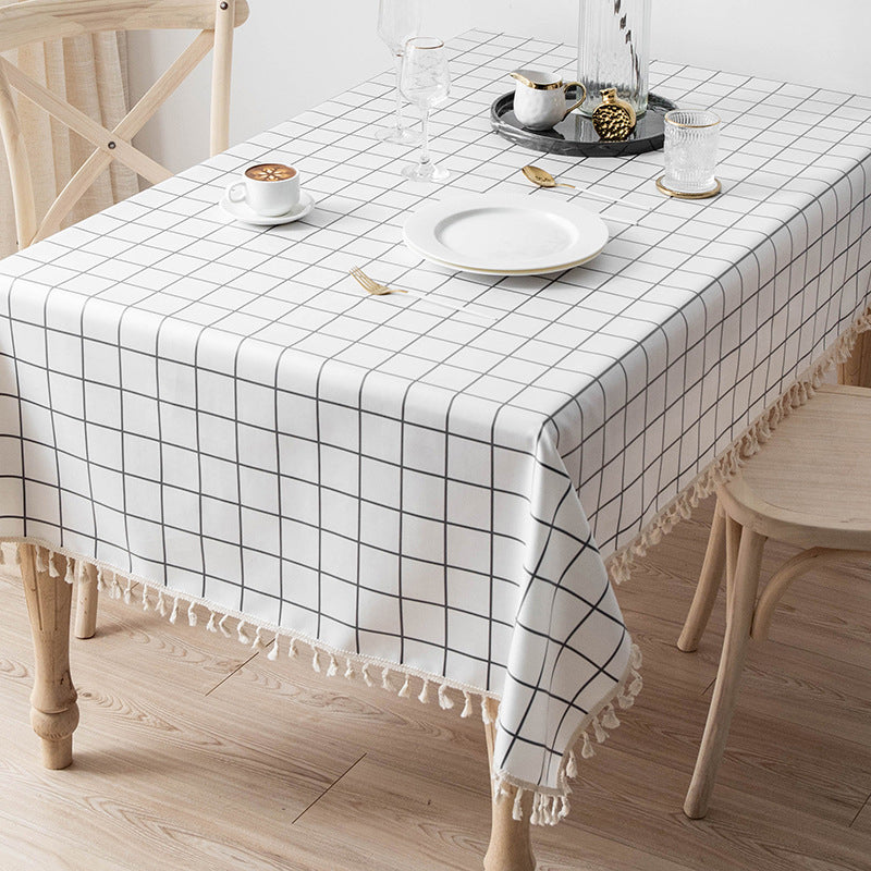 Waterproof and Oil-Resistant Solid-Color Checkered Cotton-Linen Tablecloth with Tassels