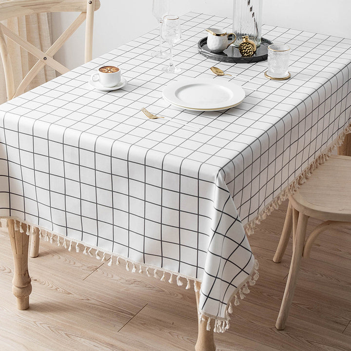 Waterproof and Oil-Resistant Solid-Color Checkered Cotton-Linen Tablecloth with Tassels