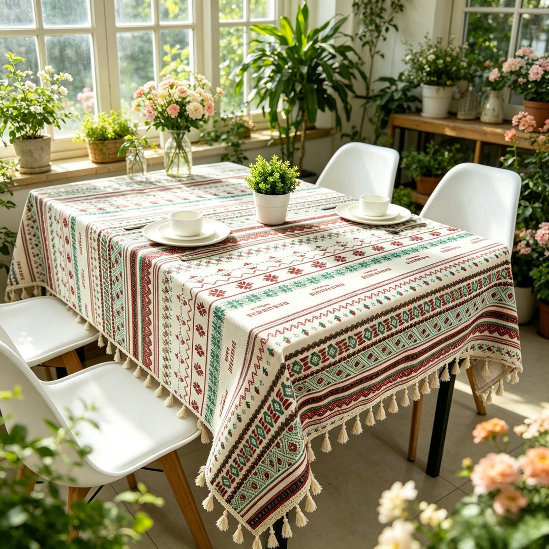 Ethnic-style vintage cotton-linen tablecloth