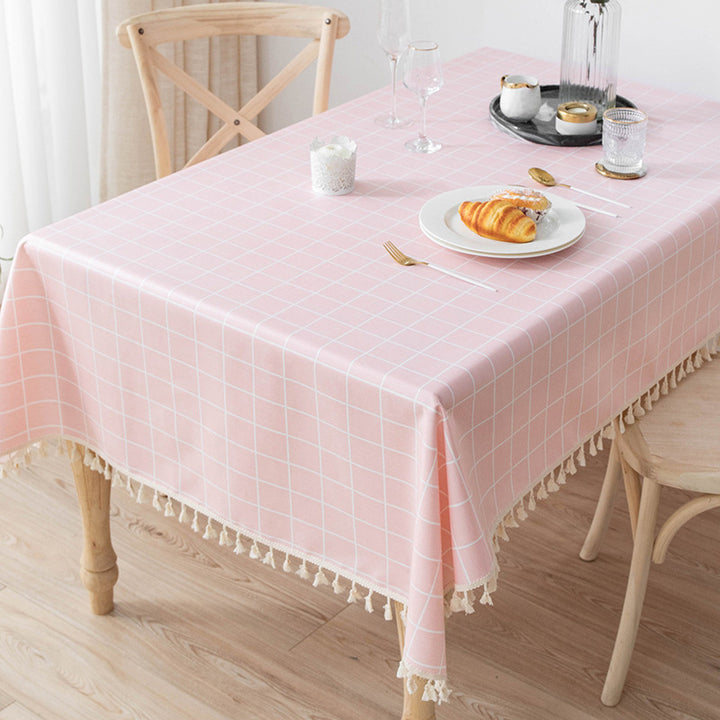 Waterproof and Oil-Resistant Solid-Color Checkered Cotton-Linen Tablecloth with Tassels