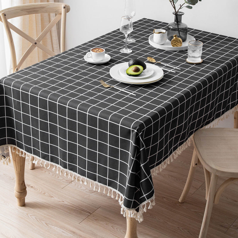 Waterproof and Oil-Resistant Solid-Color Checkered Cotton-Linen Tablecloth with Tassels