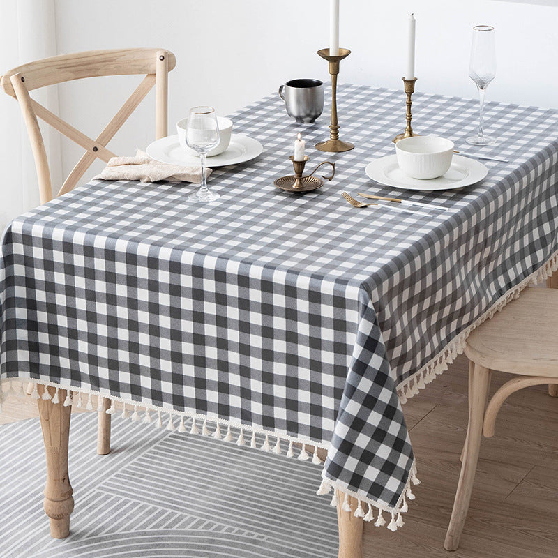 Waterproof and Oil-Resistant Solid-Color Checkered Cotton-Linen Tablecloth with Tassels