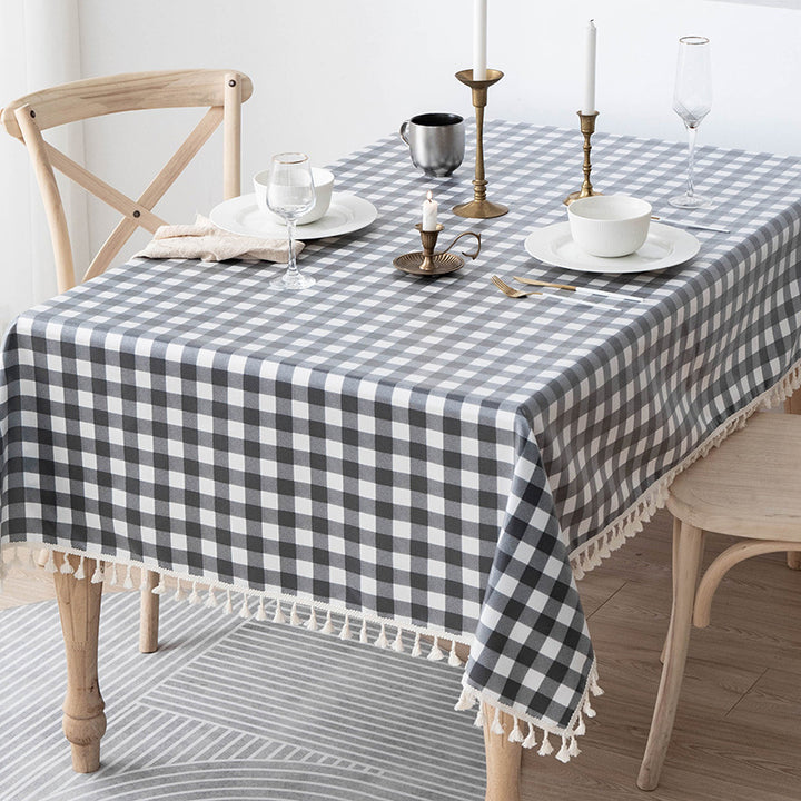 Waterproof and Oil-Resistant Solid-Color Checkered Cotton-Linen Tablecloth with Tassels