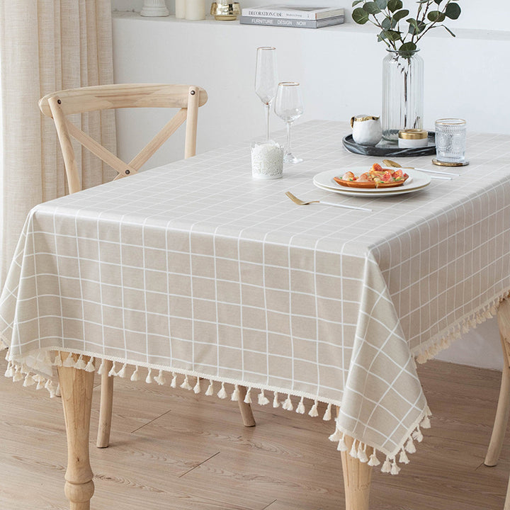 Waterproof and Oil-Resistant Solid-Color Checkered Cotton-Linen Tablecloth with Tassels