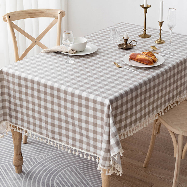 Waterproof and Oil-Resistant Solid-Color Checkered Cotton-Linen Tablecloth with Tassels