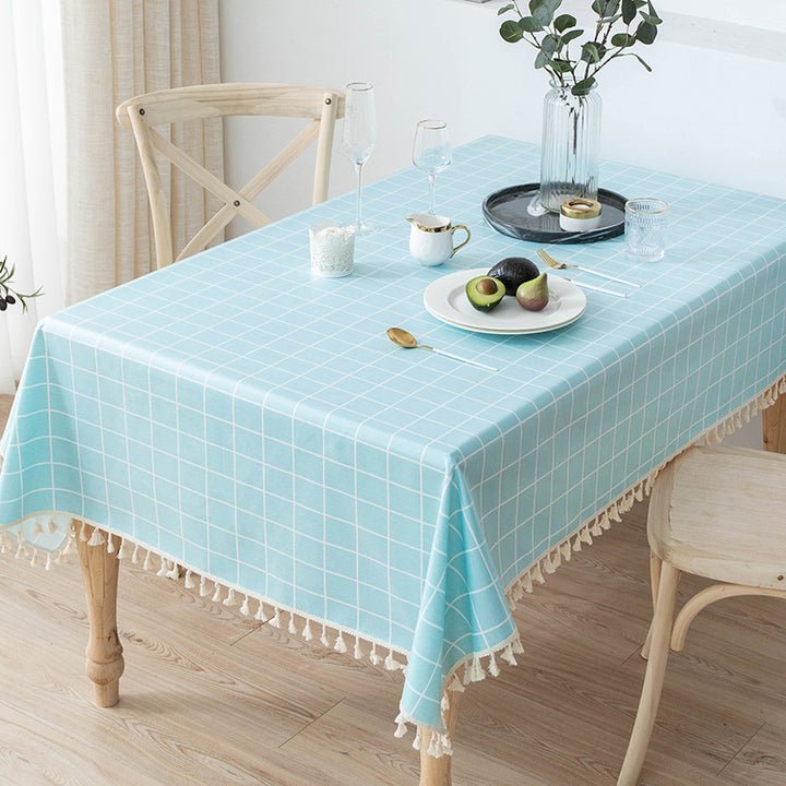 Waterproof and Oil-Resistant Solid-Color Checkered Cotton-Linen Tablecloth with Tassels