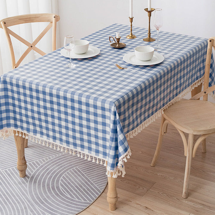 Waterproof and Oil-Resistant Solid-Color Checkered Cotton-Linen Tablecloth with Tassels
