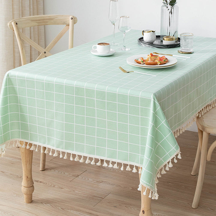 Waterproof and Oil-Resistant Solid-Color Checkered Cotton-Linen Tablecloth with Tassels