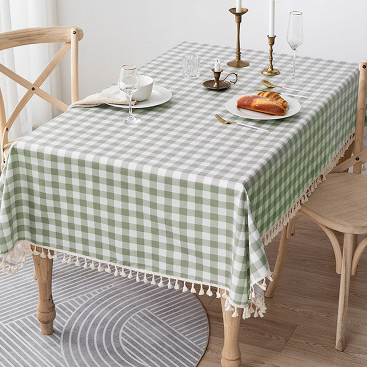 Waterproof and Oil-Resistant Solid-Color Checkered Cotton-Linen Tablecloth with Tassels